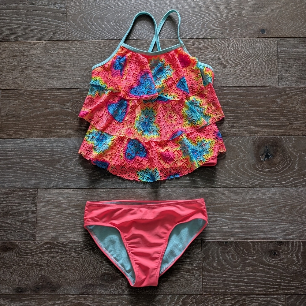 3/$15 - Wonder Nation Neon Coral Layered Ruffle Tankini Size Medium 7-8